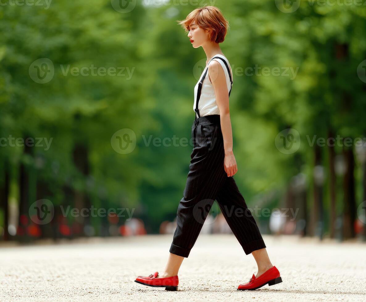 Young woman walks gracefully in a park surrounded by trees photo