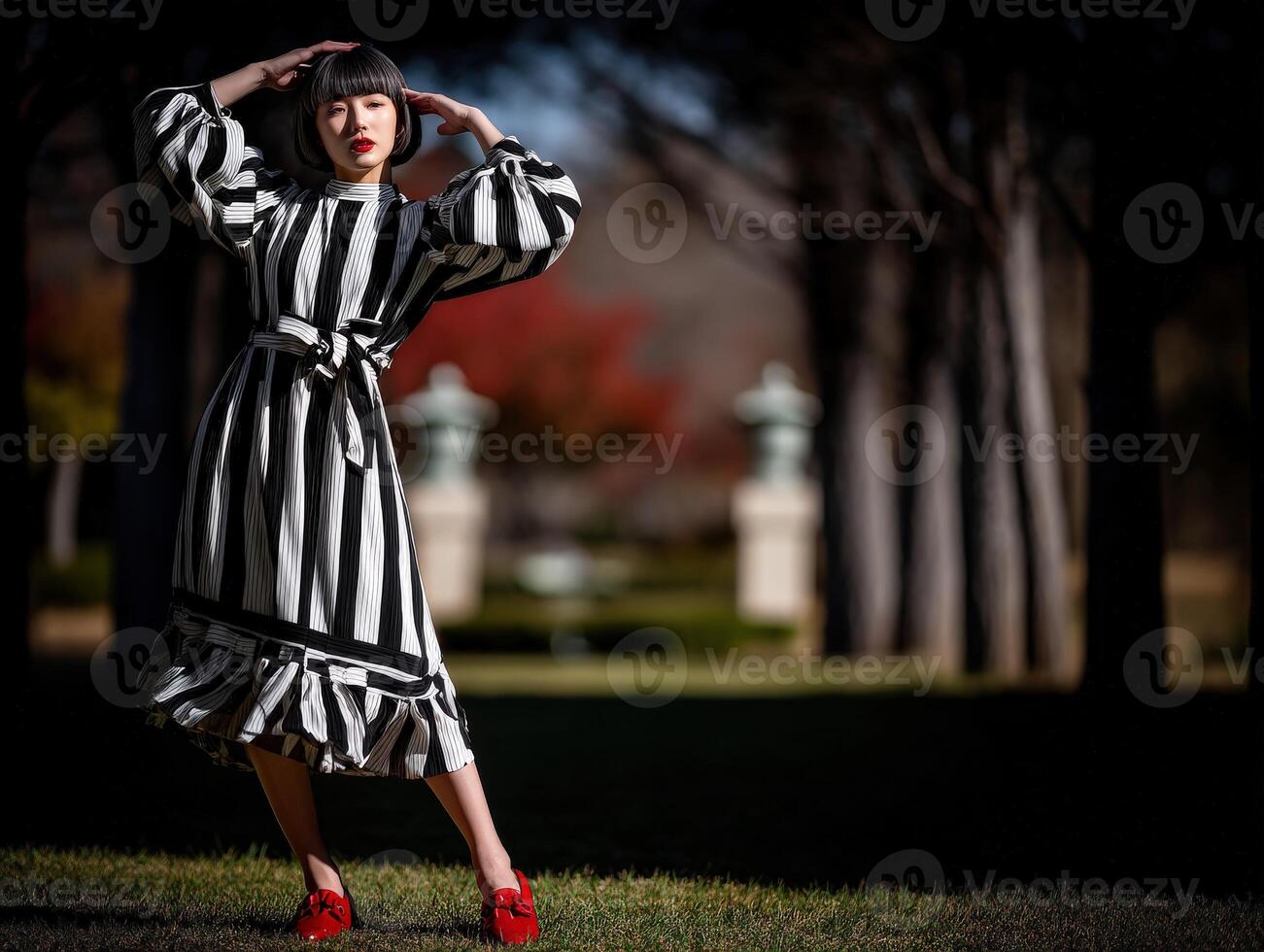 Fashion model poses elegantly in striped dress outdoors photo