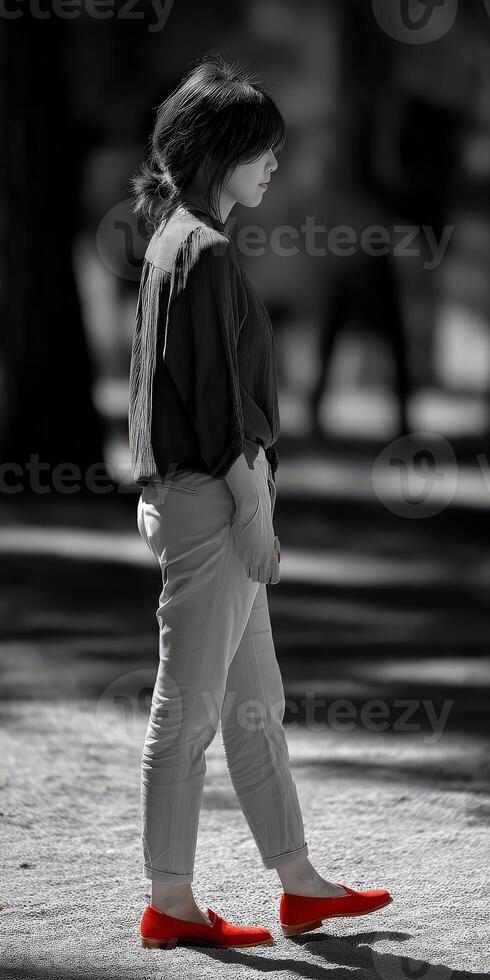 Woman walking in a park with vibrant red shoes during daytime photo