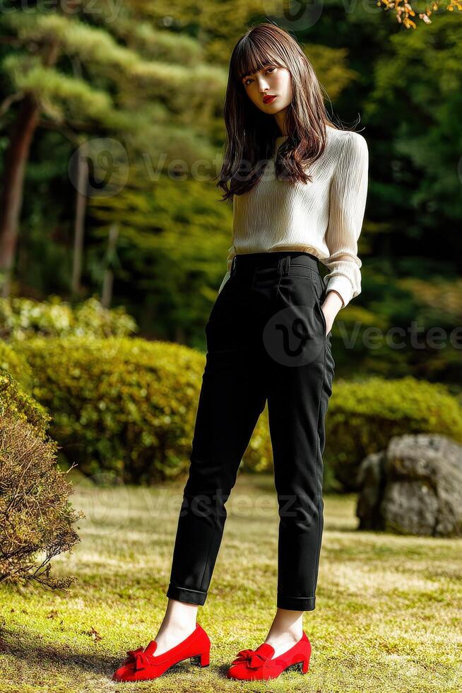 Stylish young woman posing in garden during sunny afternoon photo