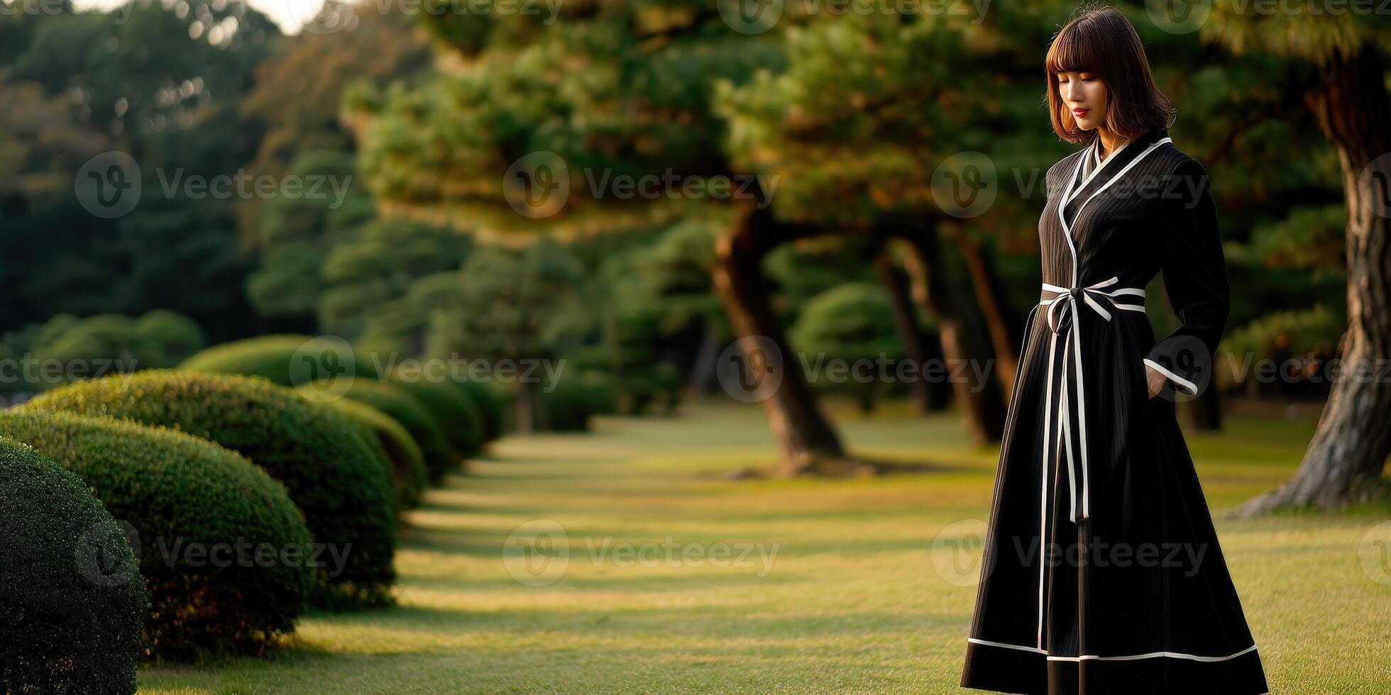 Woman in black attire stands gracefully in serene garden setting photo