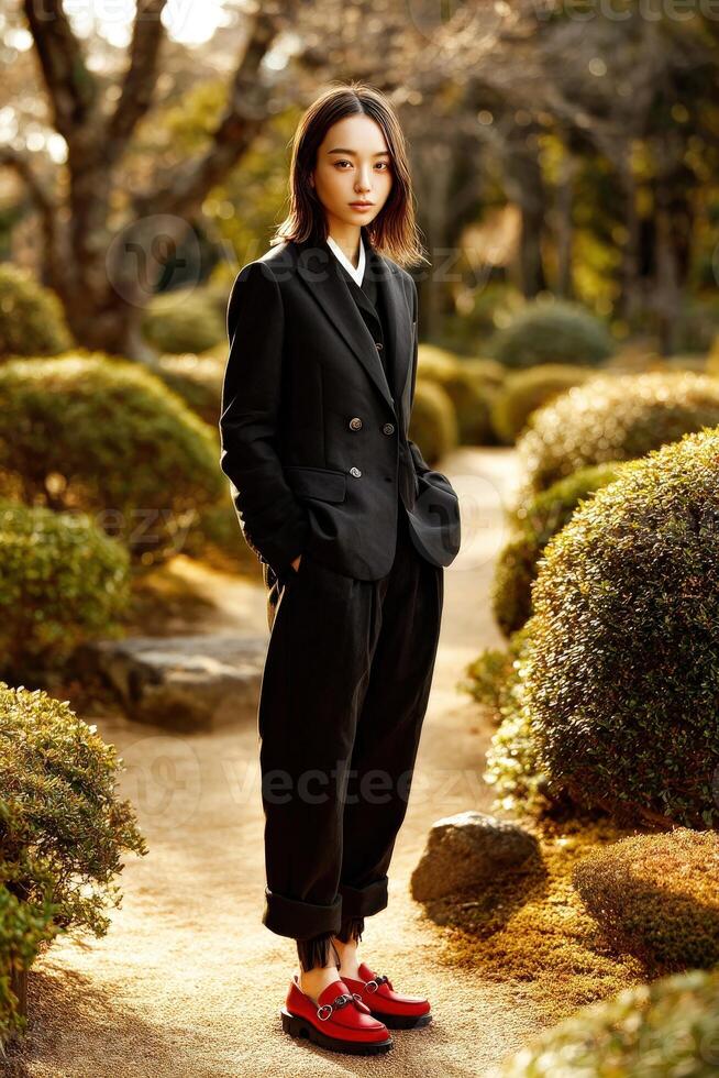 Young model in stylish outfit poses in a serene garden setting photo