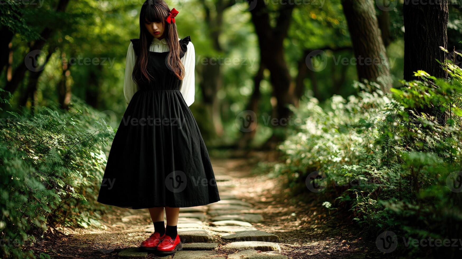 Young woman in a black dress walking on a stone path photo