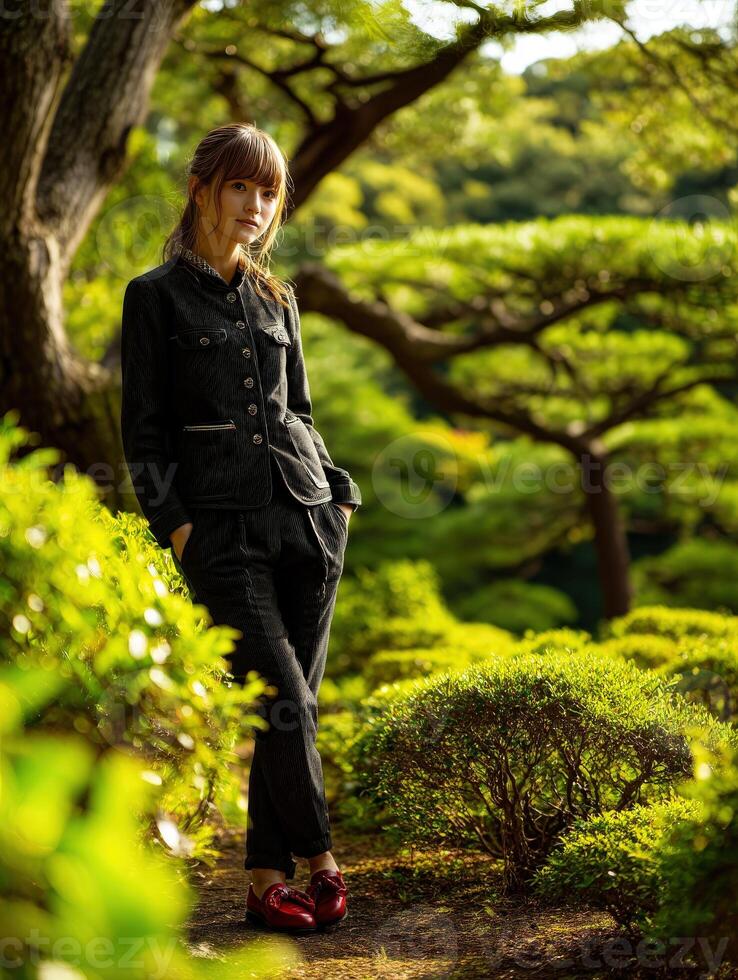 Serenity in nature with a young woman in a lush garden photo