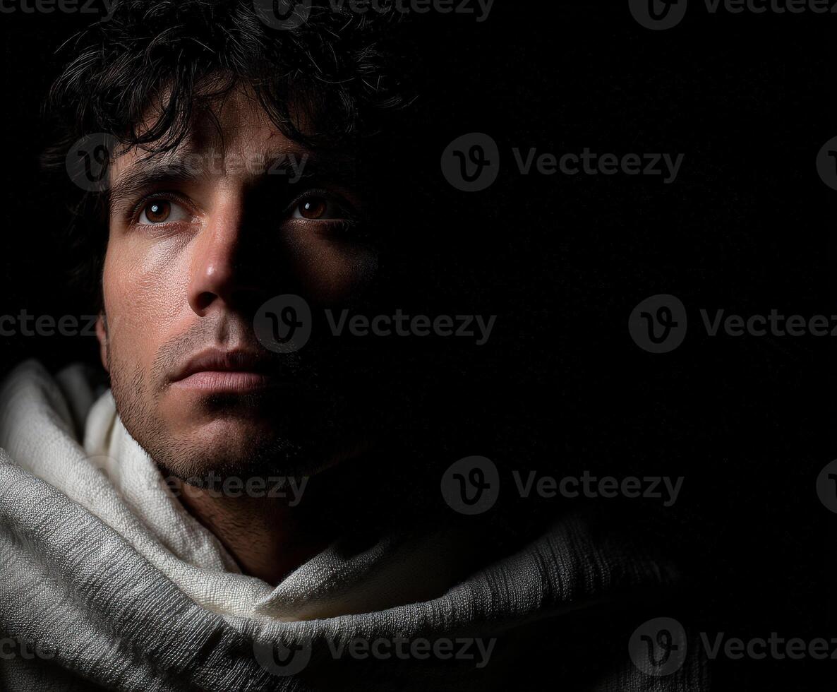 Stoic individual reflecting in dim light, showcasing deep contemplation and emotion photo