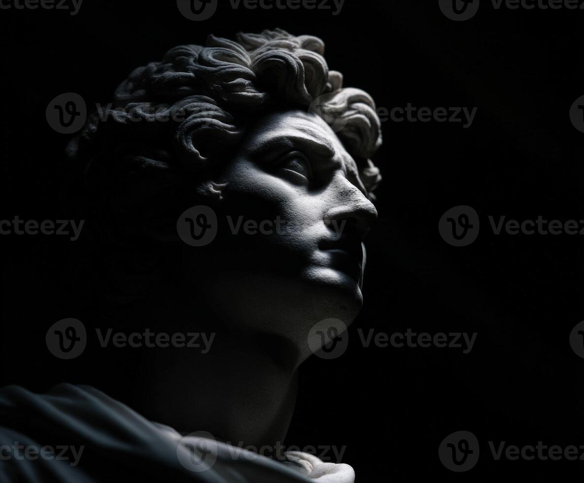 Marble bust of a stoic figure under dramatic lighting in a dim setting photo