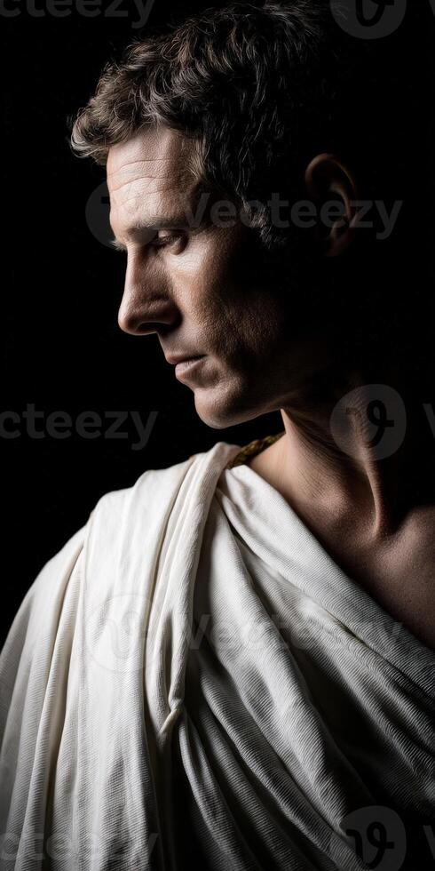 Figure embodying stoic philosophy against a dark background at dusk photo