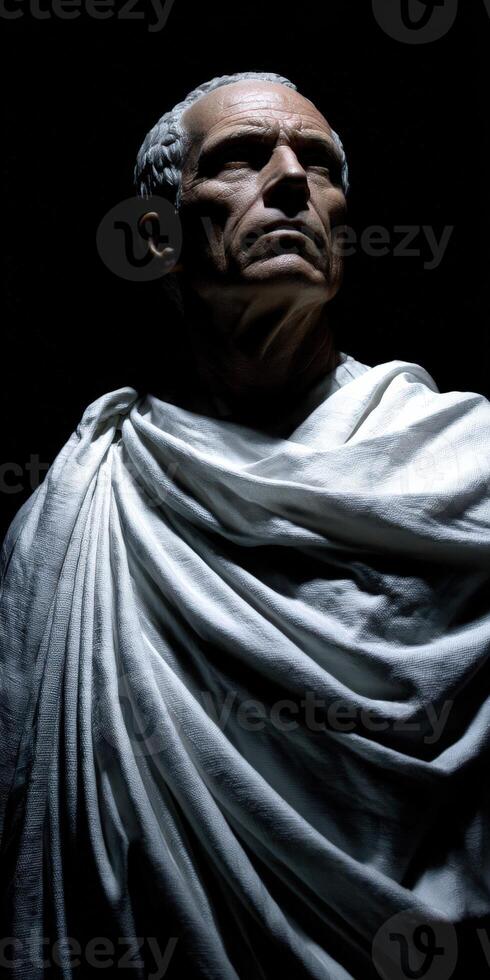 Stoic figure with thoughtful expression illuminated against dark background photo