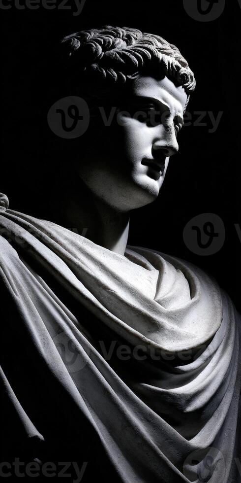 Marble bust of a stoic figure illuminated by dramatic lighting in a dark setting photo