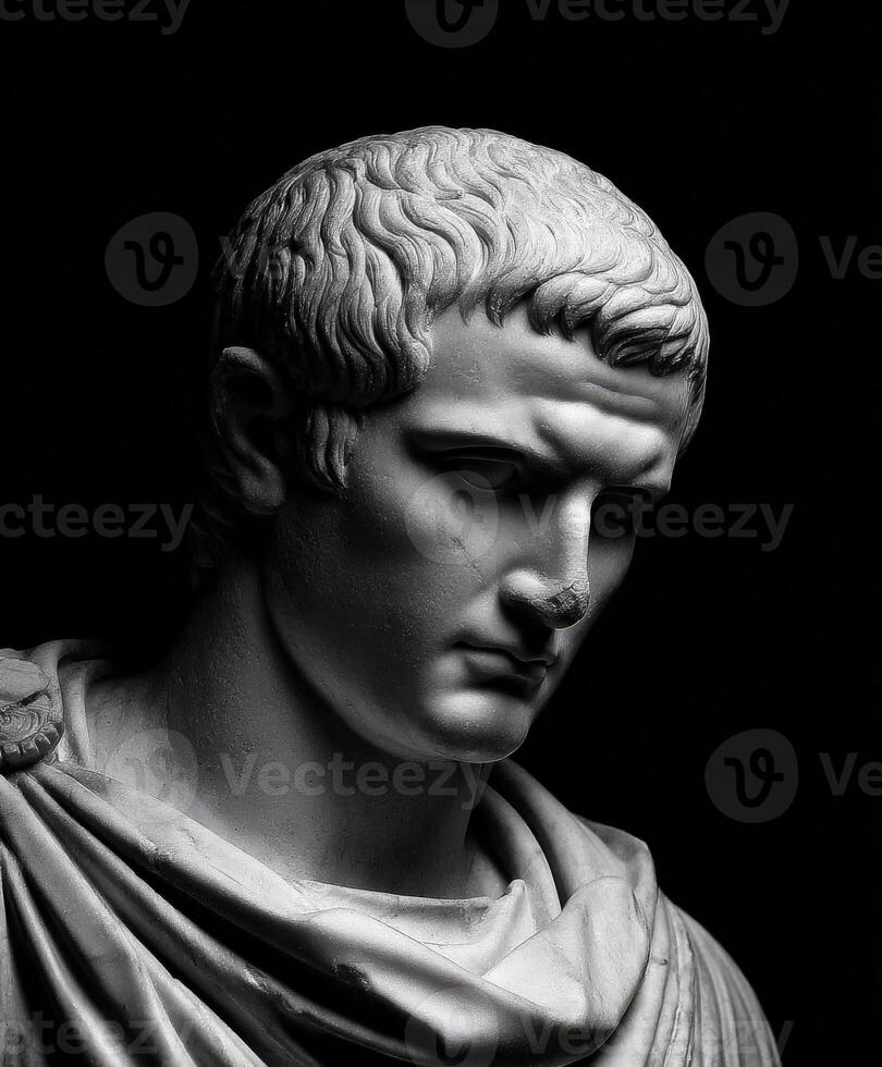 Stoic marble sculpture of a Roman figure captured in dramatic lighting photo