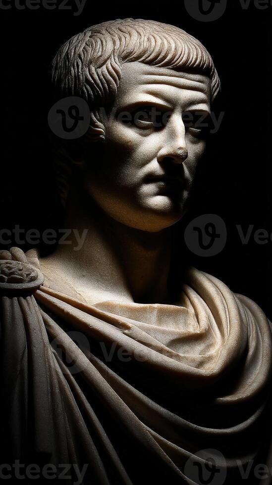 Bust of a stoic Roman emperor illuminated in dramatic lighting photo