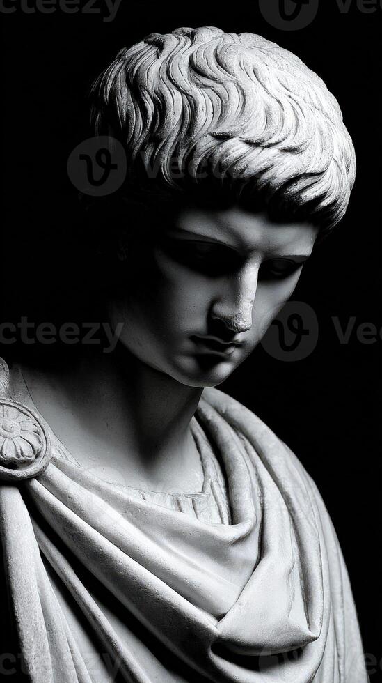 Stoic marble statue in dramatic lighting showcasing classical artistry photo