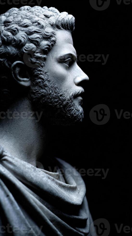 Stoic statue depicting a thoughtful figure in a darkened setting photo