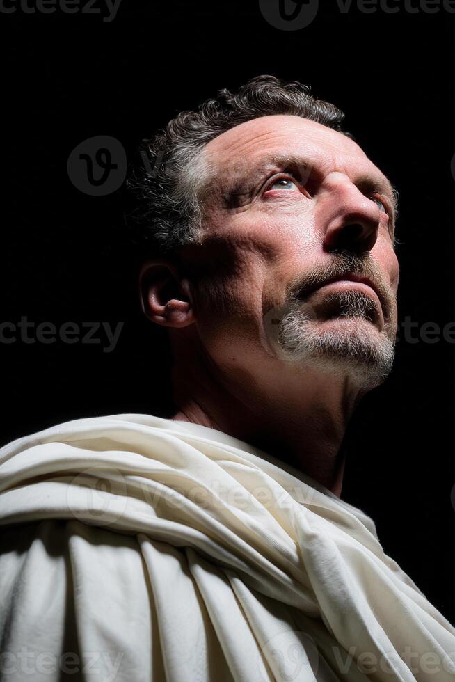 Stoic figure in dramatic lighting gazing upwards with a contemplative expression photo