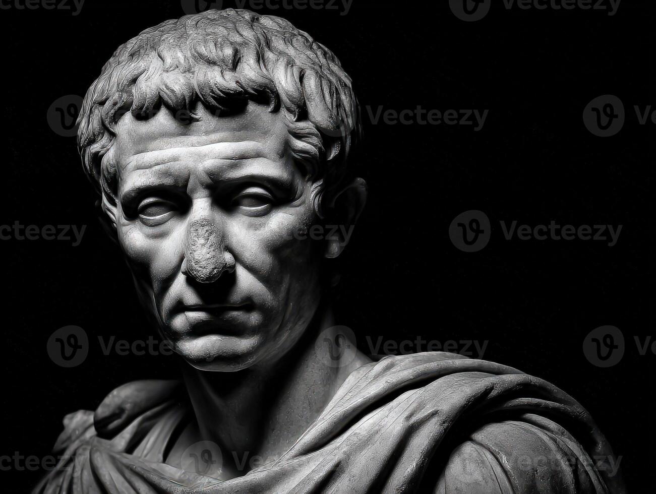 Stoic marble bust of a Roman figure highlighting ancient craftsmanship in a dark setting photo