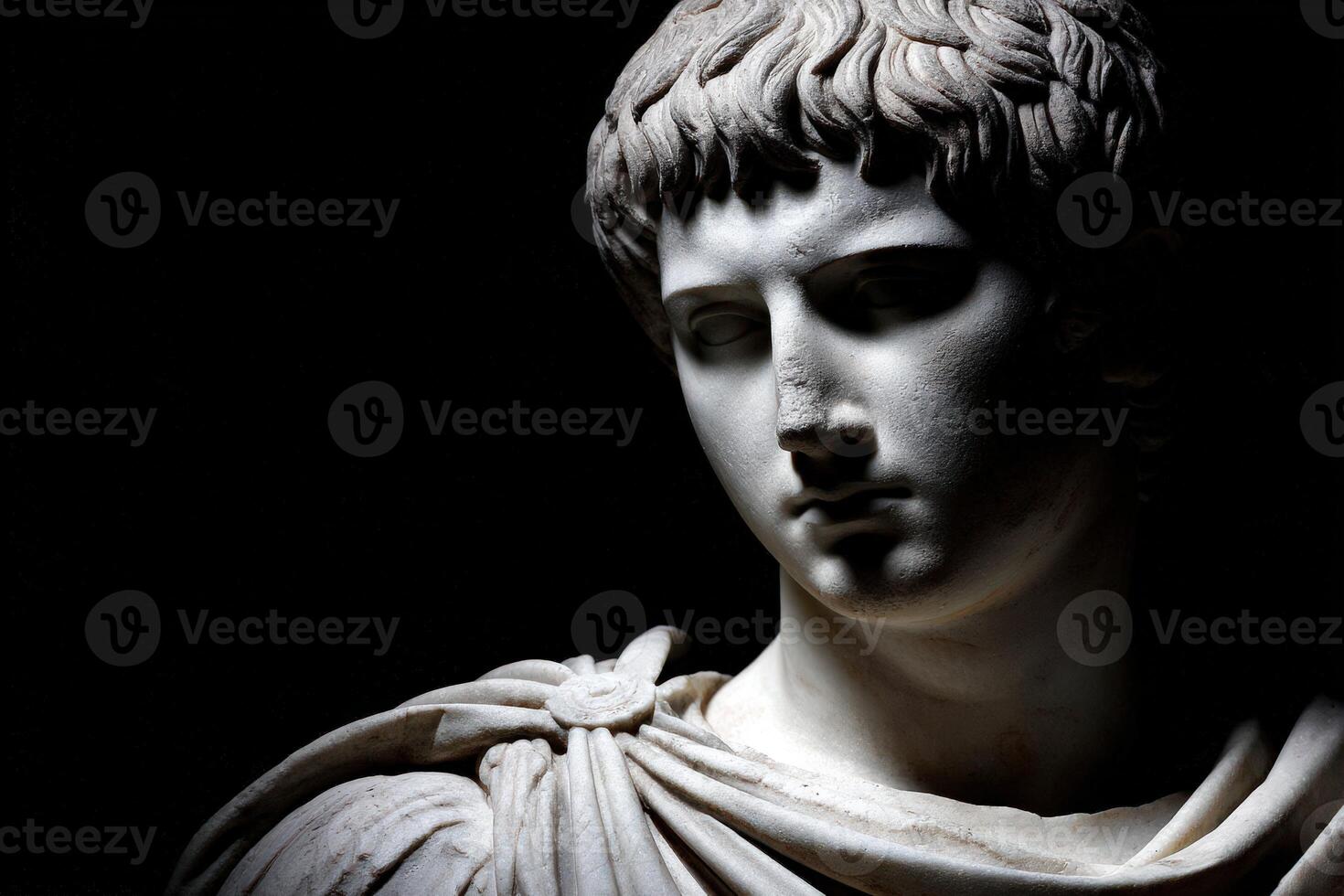 Stoic marble bust of a young Roman emperor in dim lighting photo