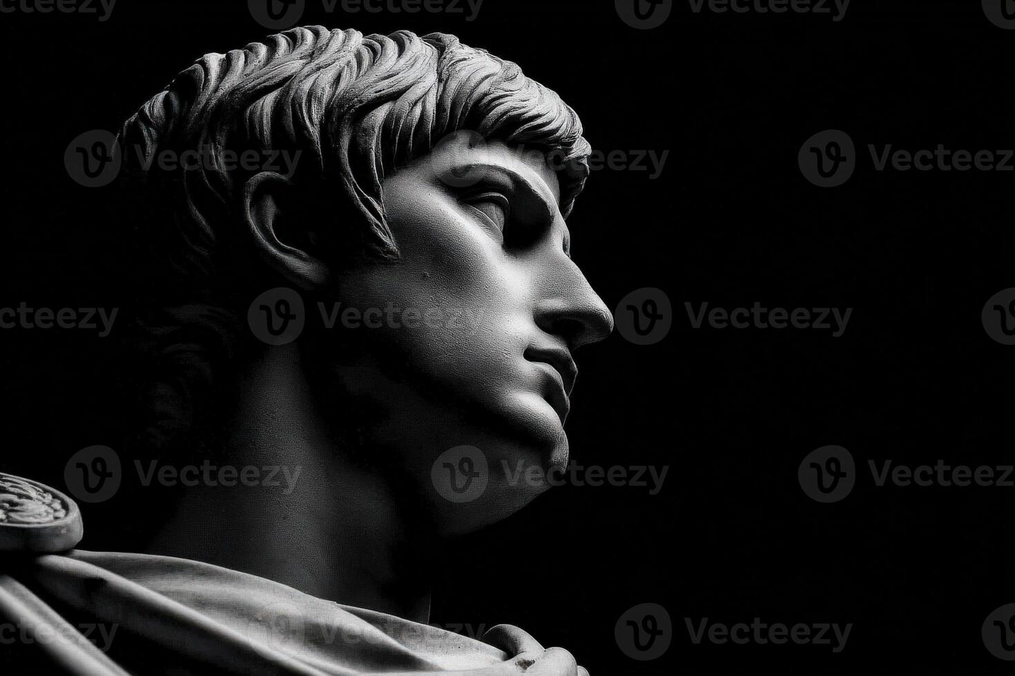 Stoic marble bust showcasing the contemplative side of classic sculpture against a dark background photo