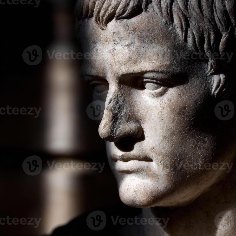 Stoic marble bust of a historical figure illuminated by soft light photo