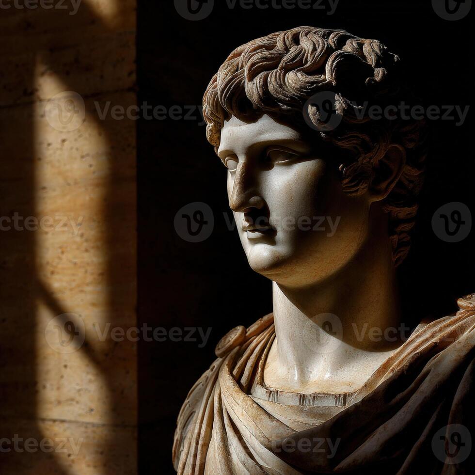 Bust of a stoic figure in a museum showcasing classical sculpture photo