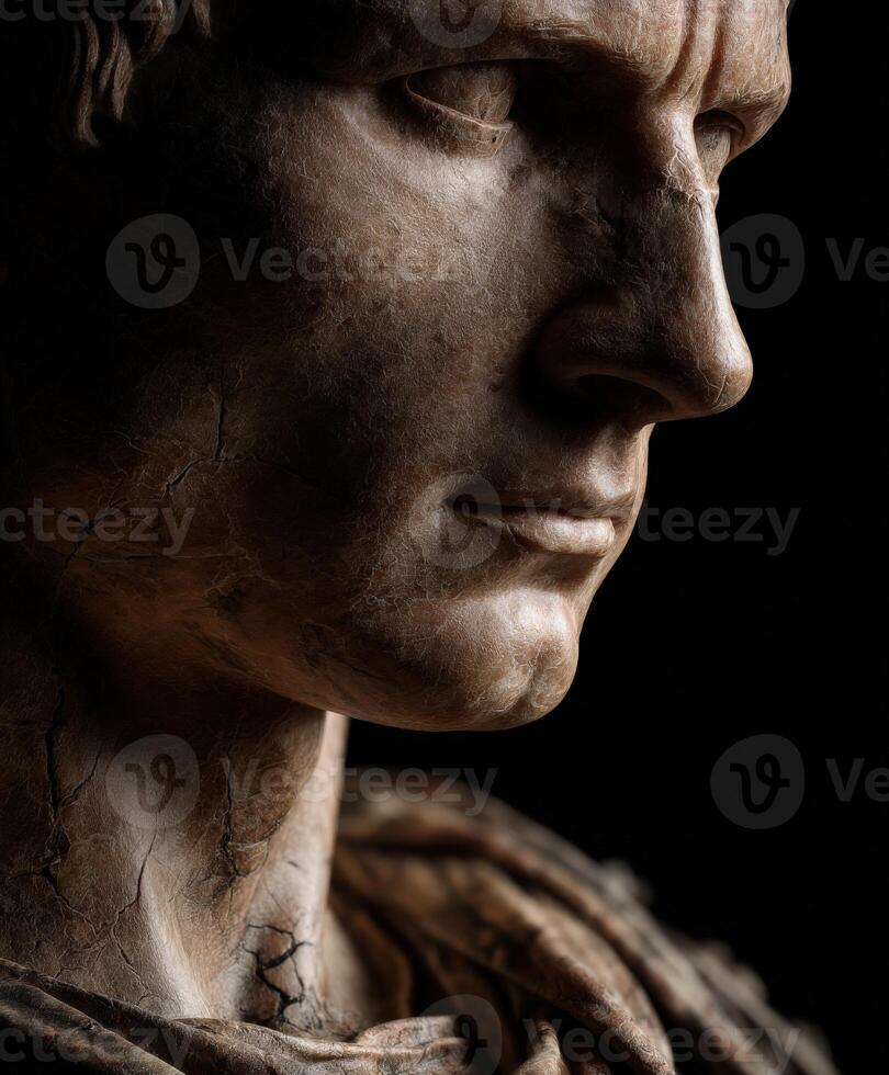 Detailed bust of a stoic figure carved from stone, highlighting ancient artistry photo