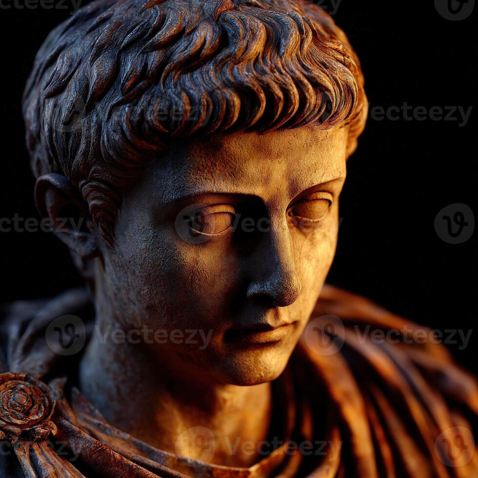 Stoic statue of a Roman leader illuminated by soft light at evening photo
