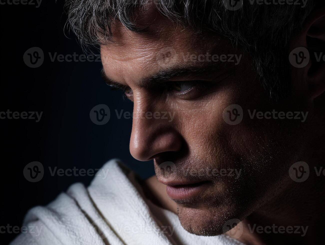 Portrait of a stoic man in ancient attire reflecting deep thought and contemplation photo