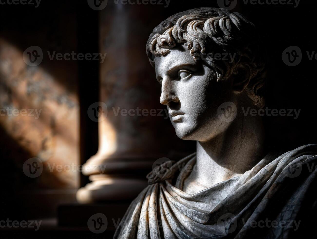 Stoic marble bust of an ancient figure illuminated by soft light photo