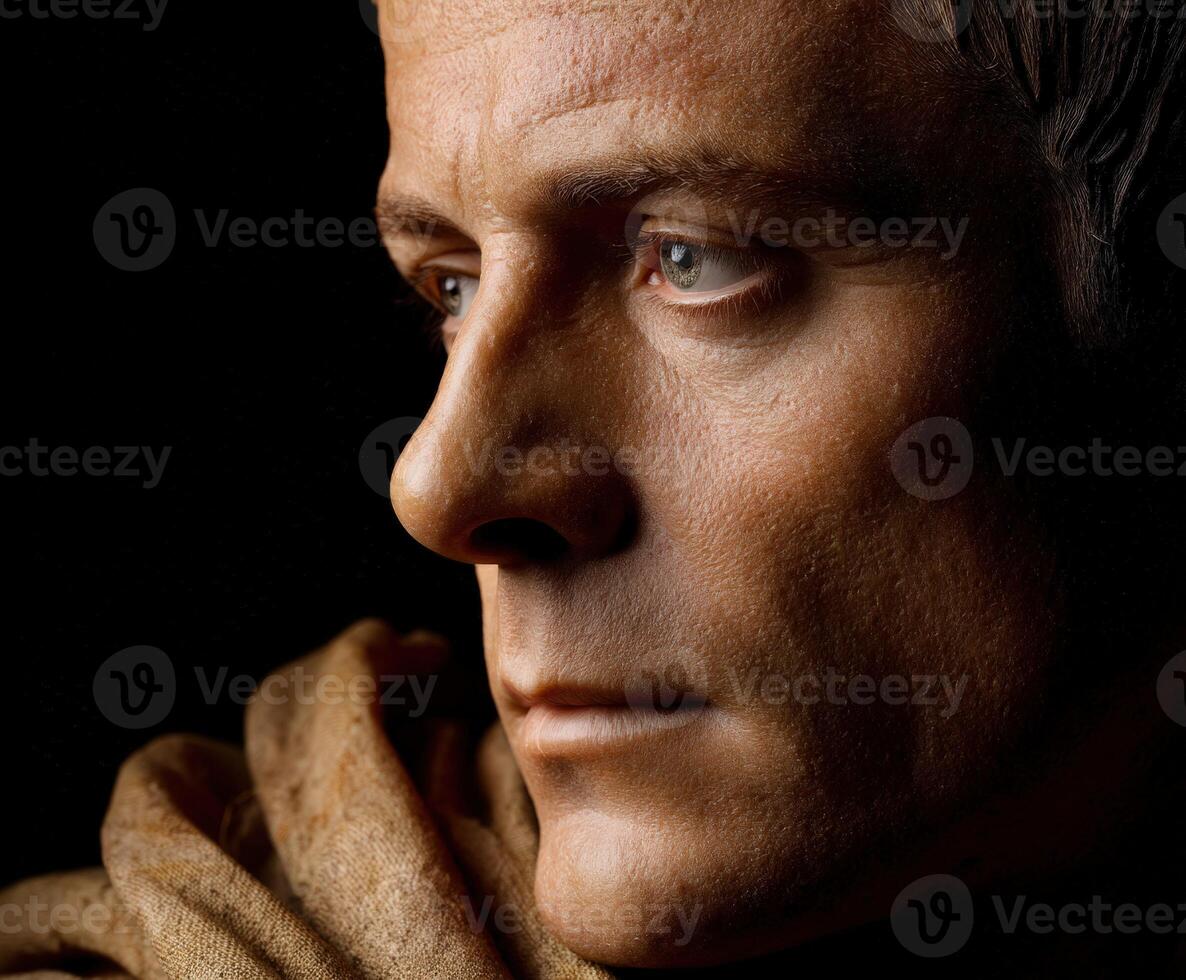Stoic figure with focused expression and intricate details highlighting wisdom photo