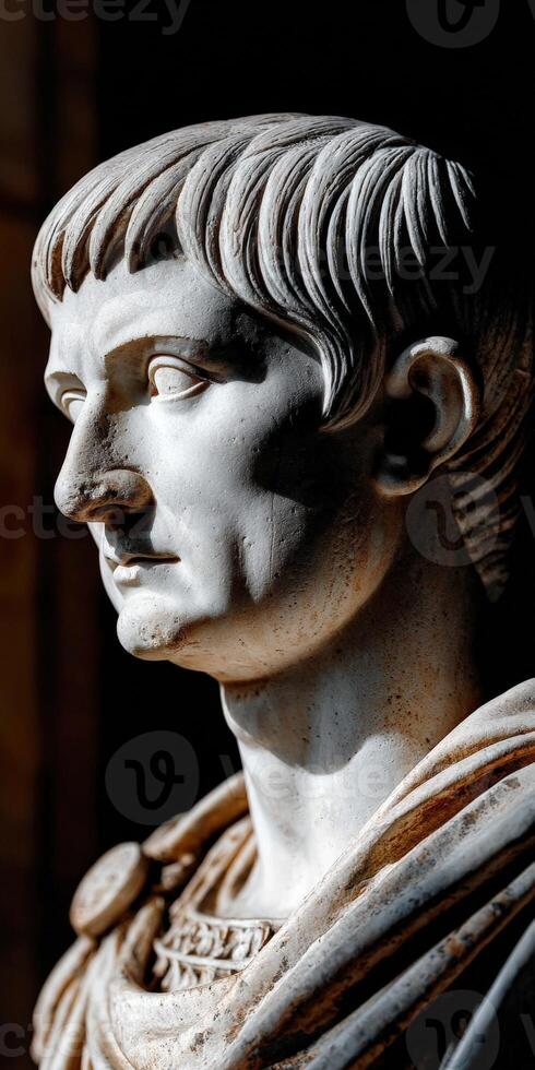 Stoic marble bust of a Roman emperor in soft light showcasing intricate details photo