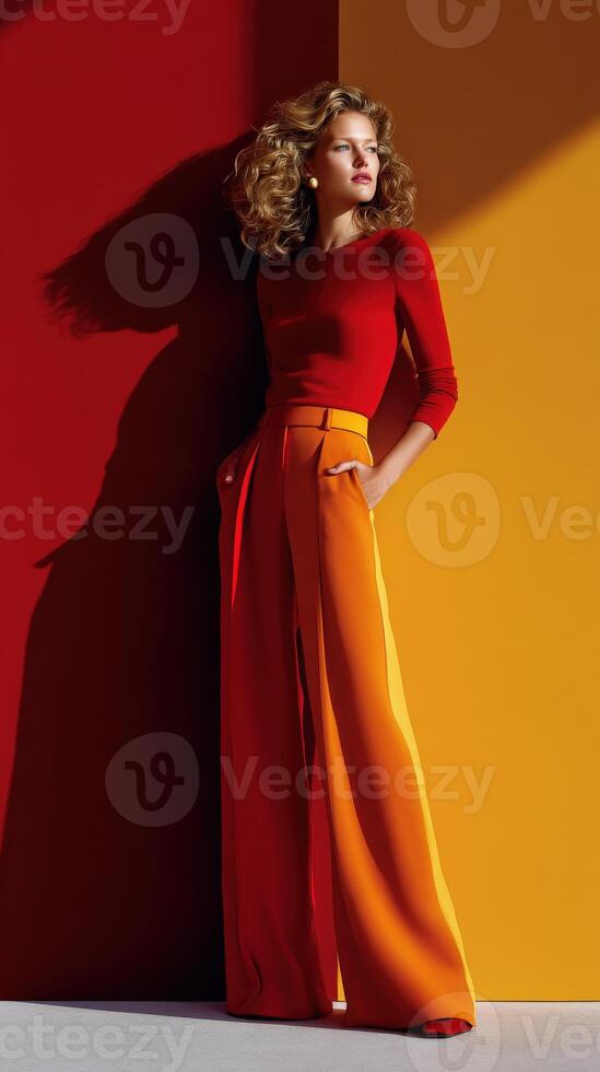 Model showcases vibrant fashion with bold colors in dynamic studio setting photo
