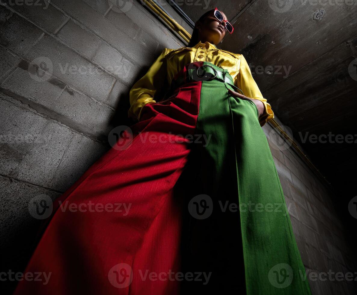 Fashionable model showcases vibrant color-blocked outfit in urban setting photo
