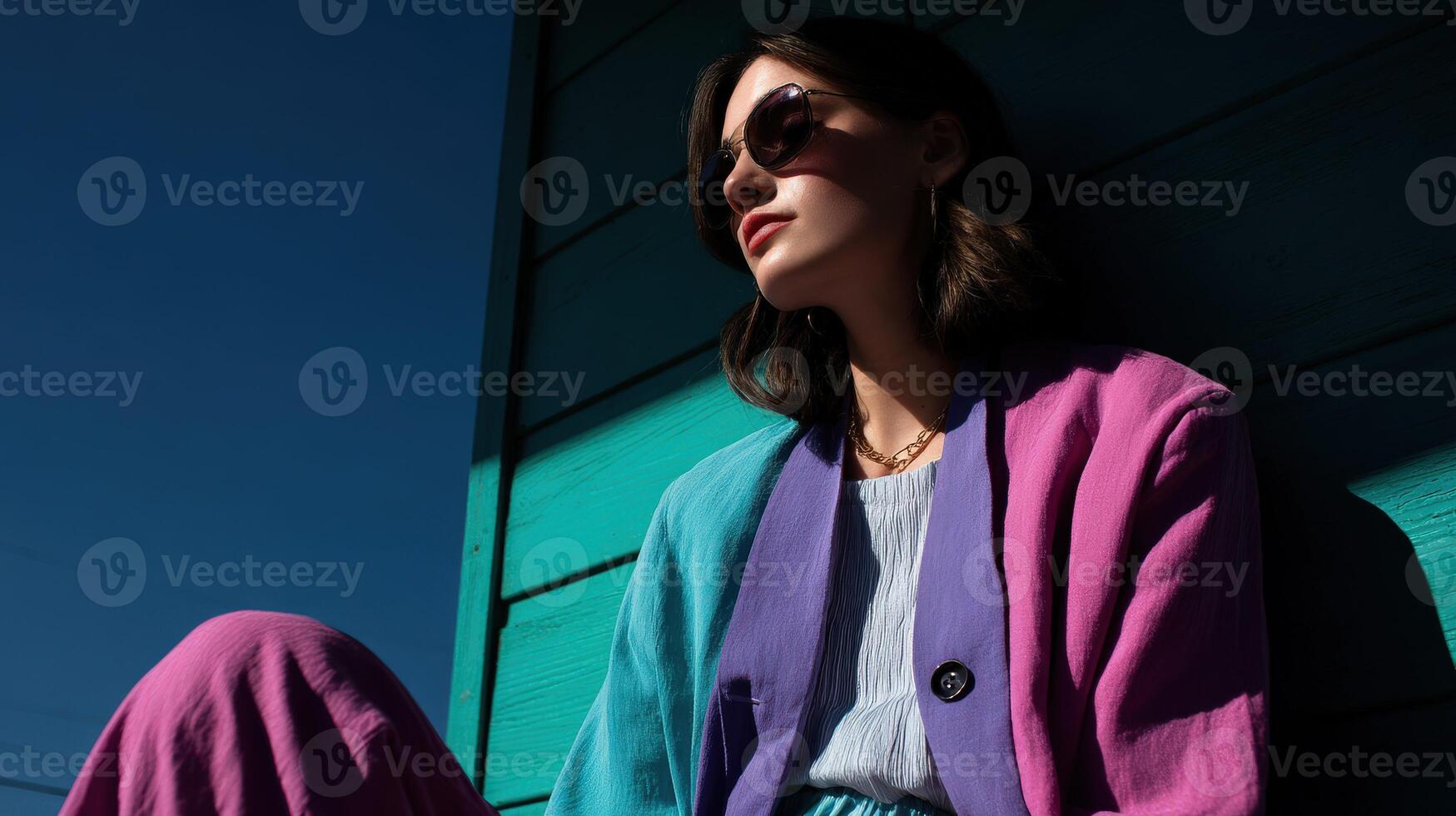 Fashionable model relaxes in vibrant outfit against colorful backdrop photo