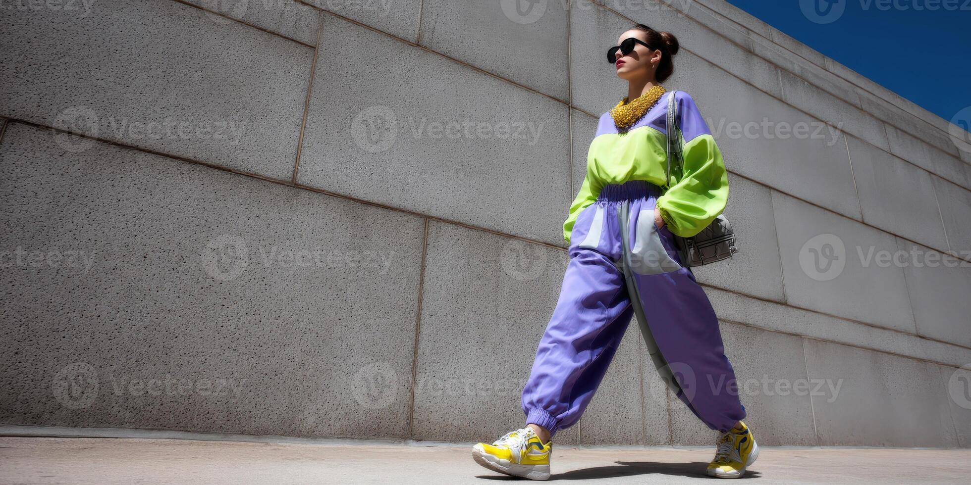 Bright fashion statement captured during a sunlit urban stroll showcasing bold colors and unique style photo