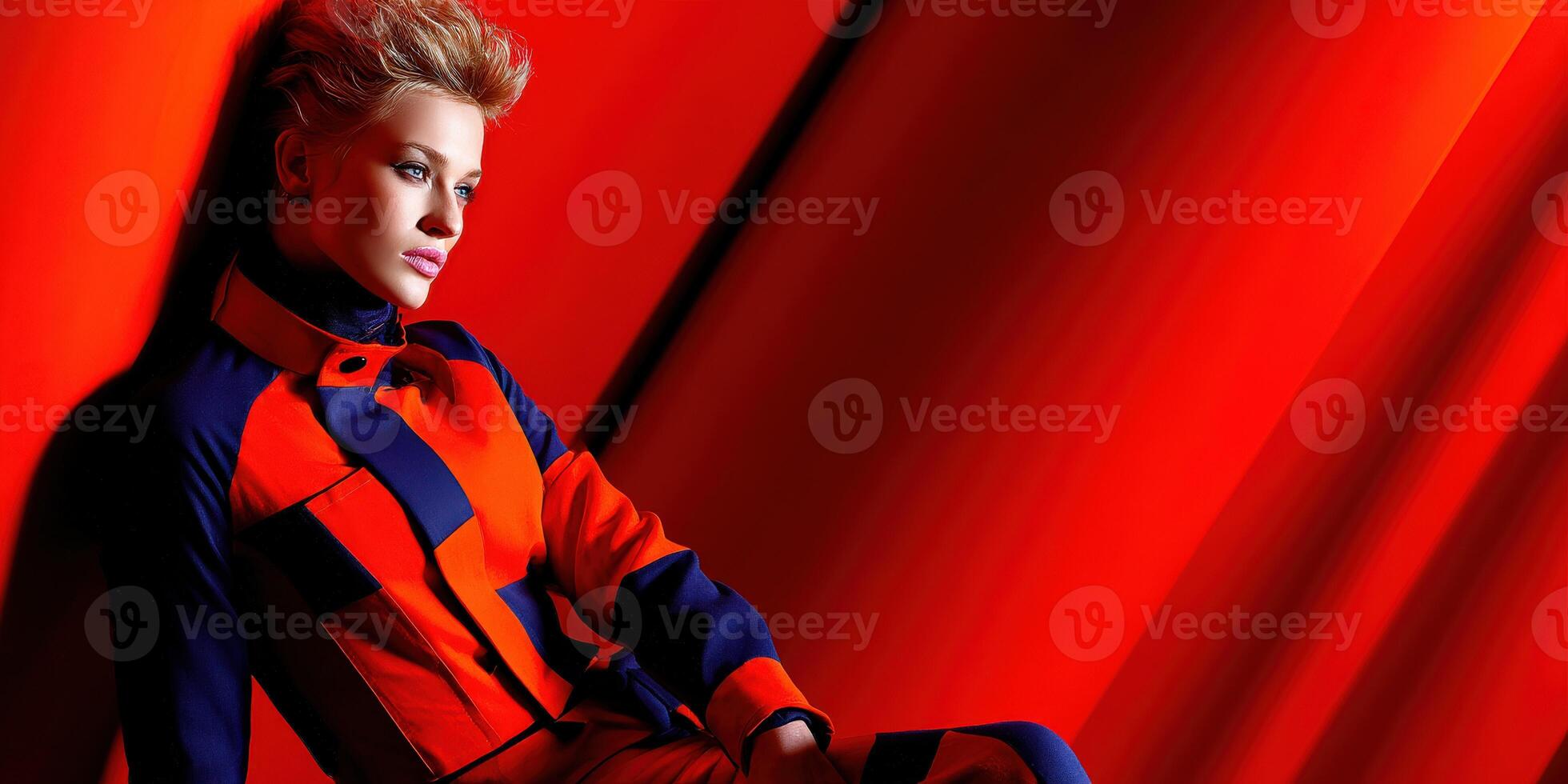 Fashion model poses against a bold red backdrop showcasing modern attire photo