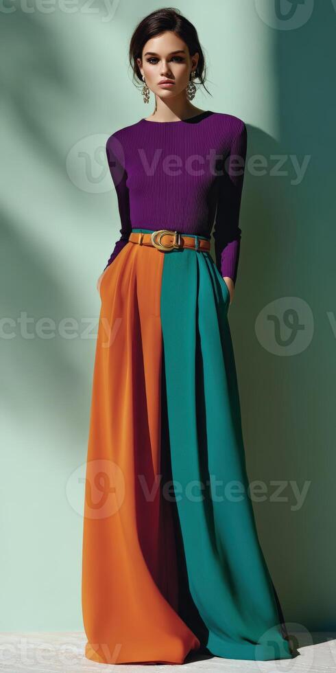 Fashion model showcasing a stylish purple and green dress with bold colors in a modern setting photo