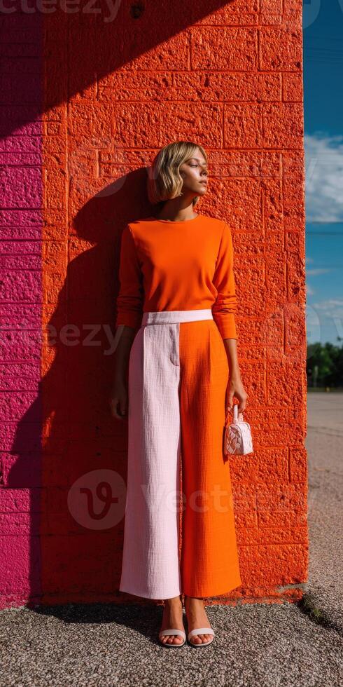 Bright urban fashion featuring a model in vibrant colors against a colorful wall photo