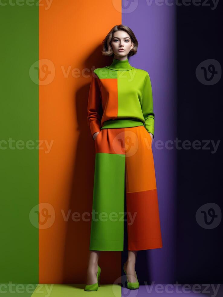Bold color blocks define modern fashion style in a creative studio setting photo