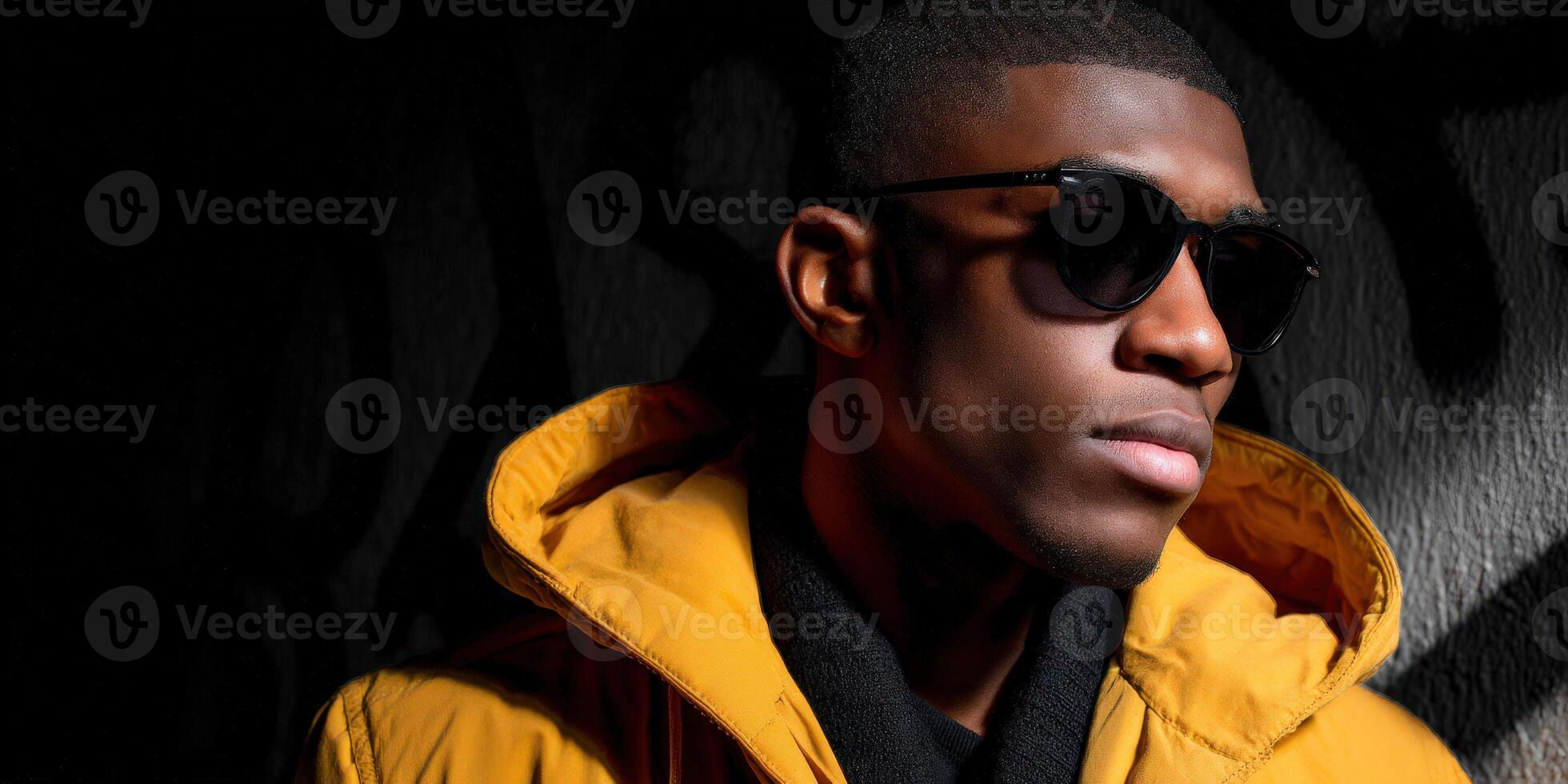 Fashionable man wearing sunglasses and yellow coat against urban backdrop photo