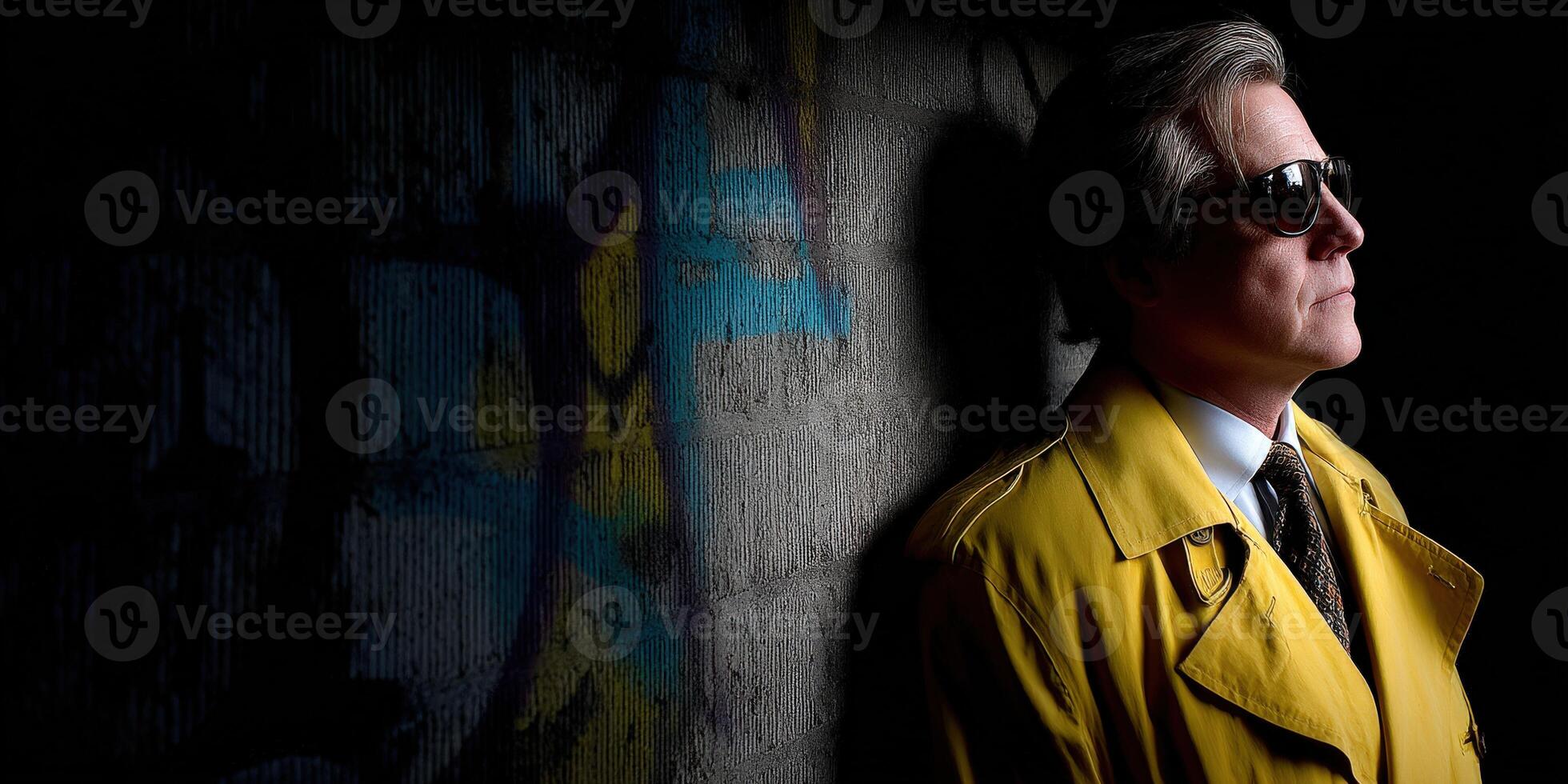 Man in a yellow trench coat stands confidently against a colorful wall at dusk photo