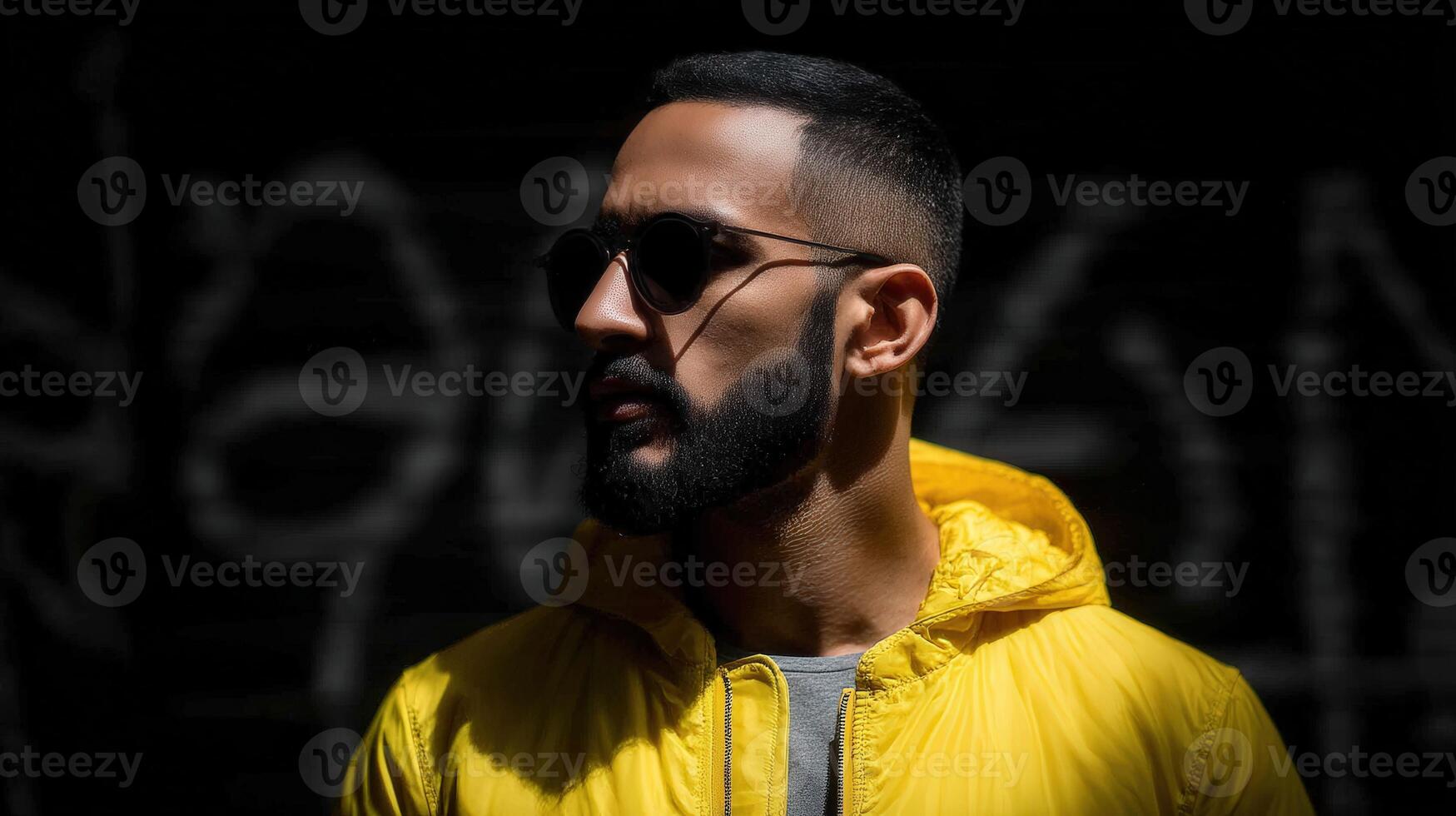 Man in yellow jacket poses confidently in urban setting with graffiti photo