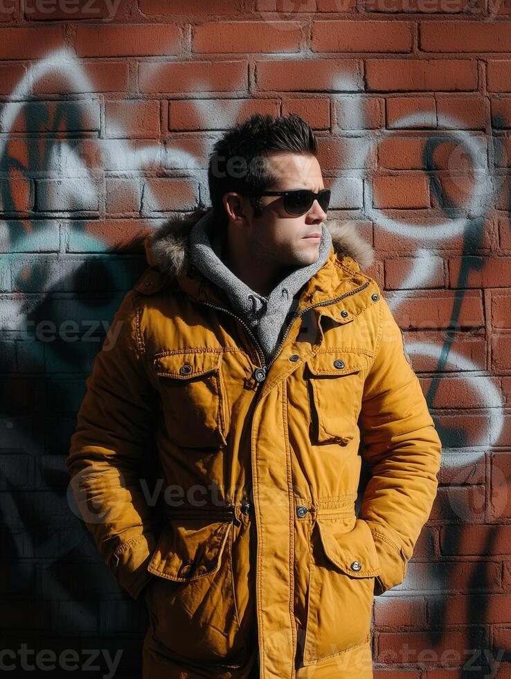 Stylish man in yellow jacket poses confidently against urban graffiti wall photo