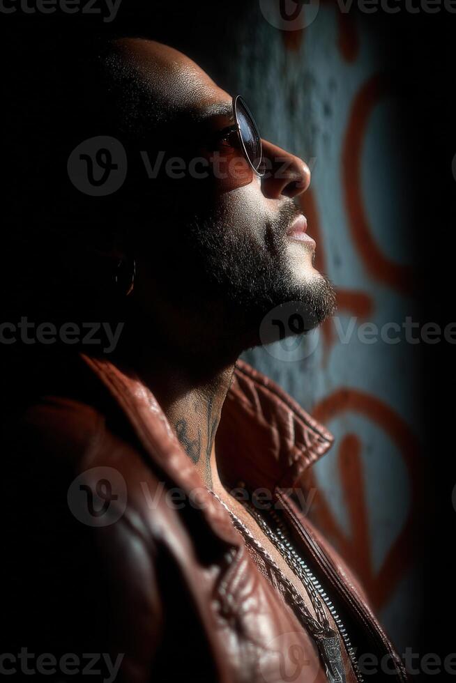 A man in a leather jacket and sunglasses photo