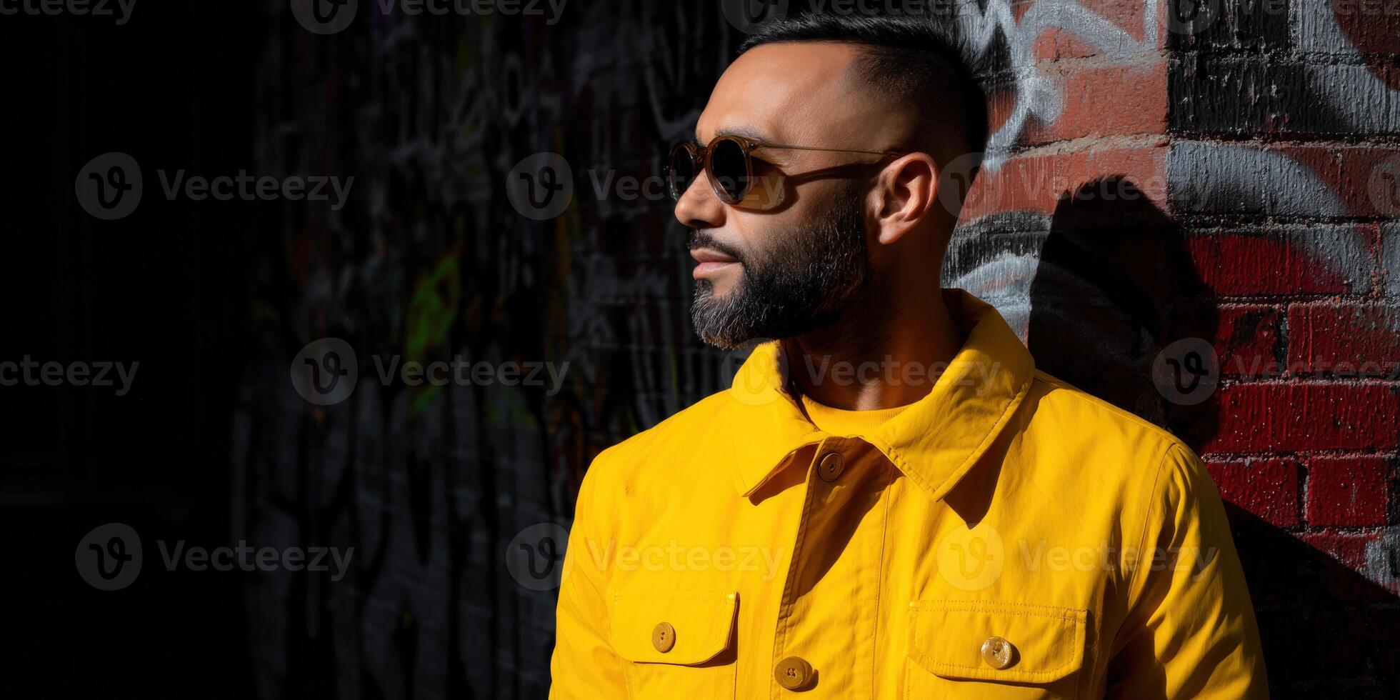 A man with a beard and sunglasses standing in front of a graffiti wall photo