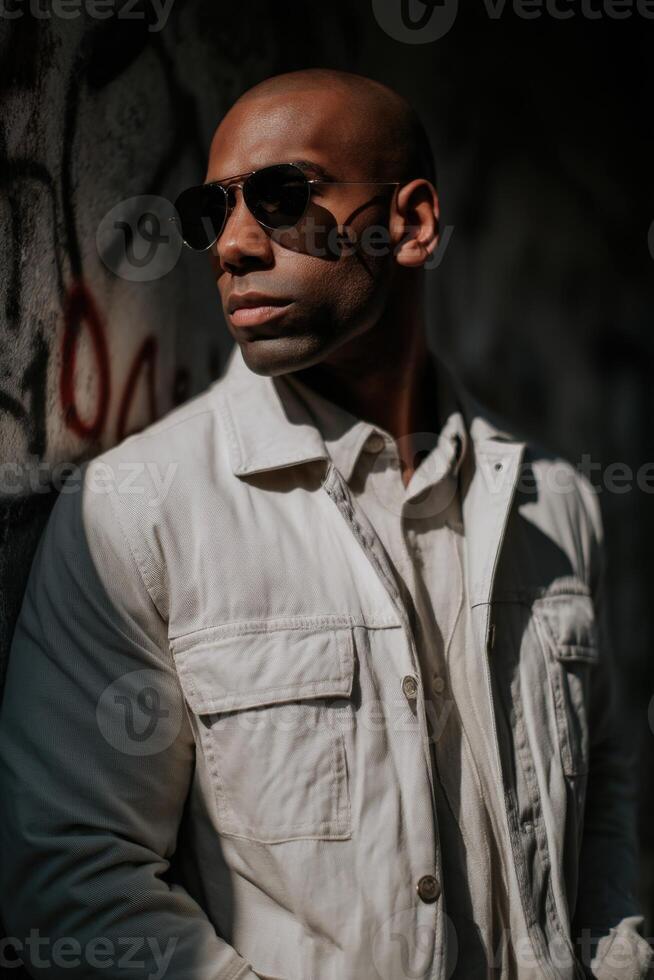 A man in sunglasses leaning against a wall photo