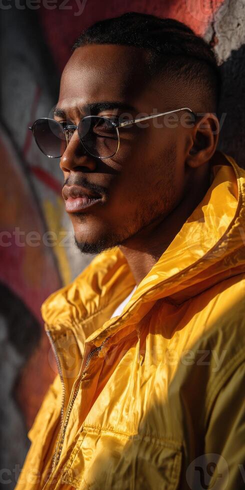 A man in a yellow jacket and sunglasses leaning against a wall photo