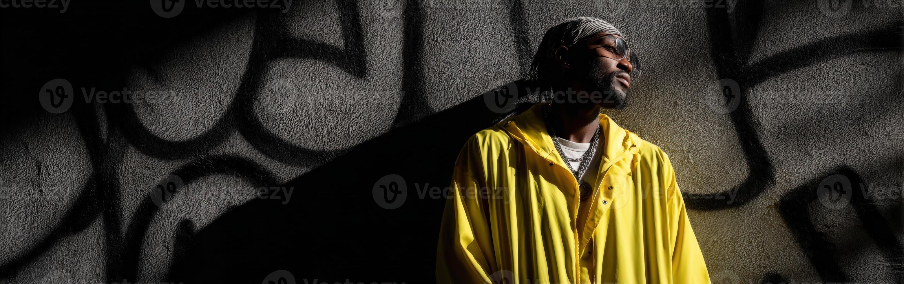 A man in a yellow raincoat leaning against a wall photo