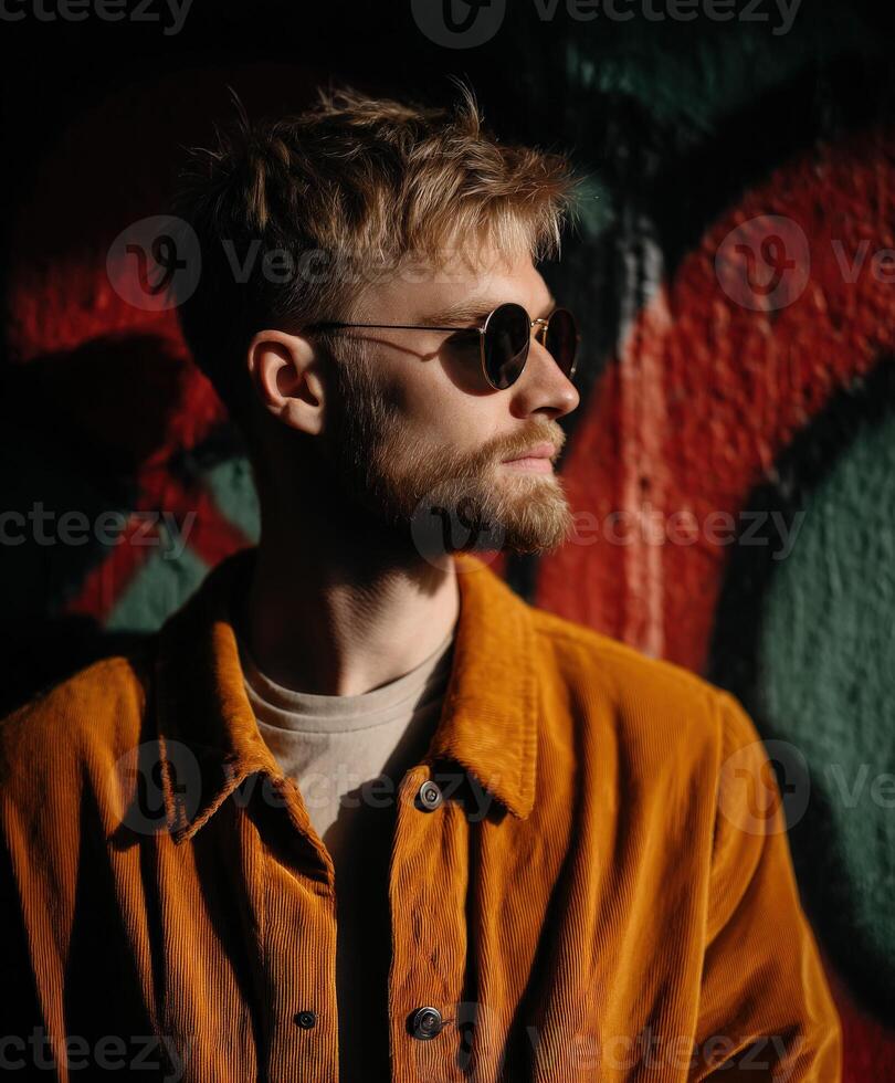 A man with a beard and sunglasses standing in front of graffiti photo