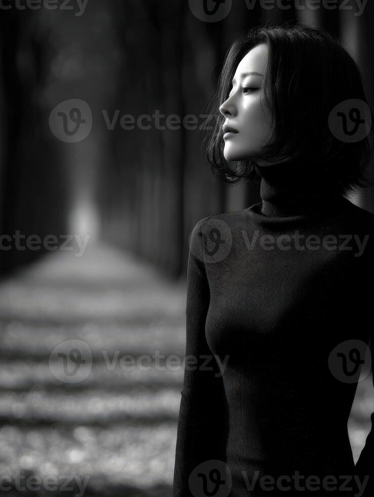 A woman in black and white standing in a forest photo