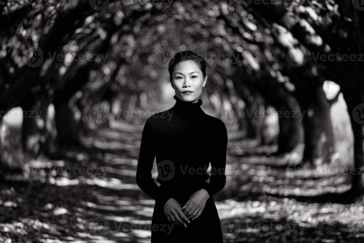 A woman in black and white standing in an orchard photo