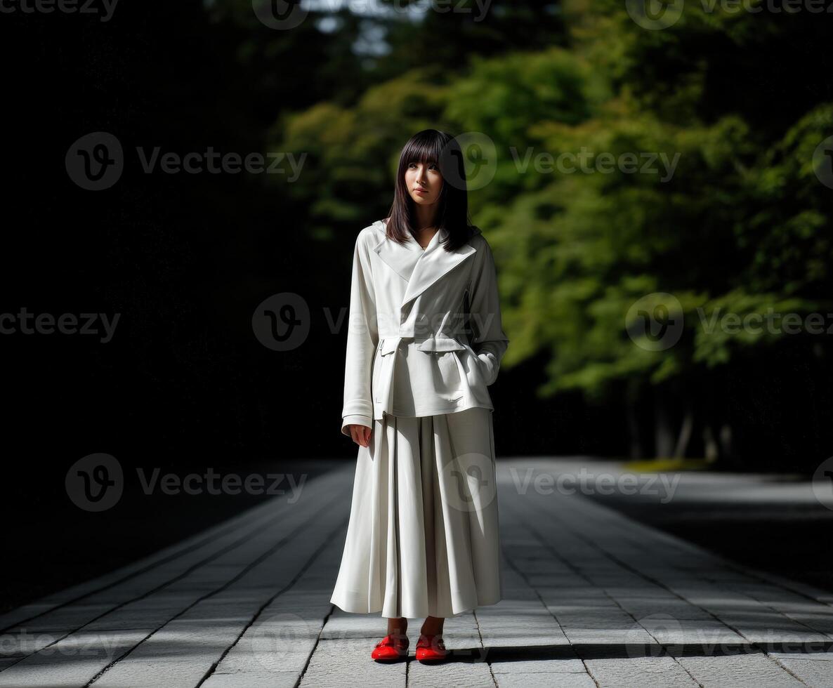A woman in a white coat and skirt standing on a paved path photo